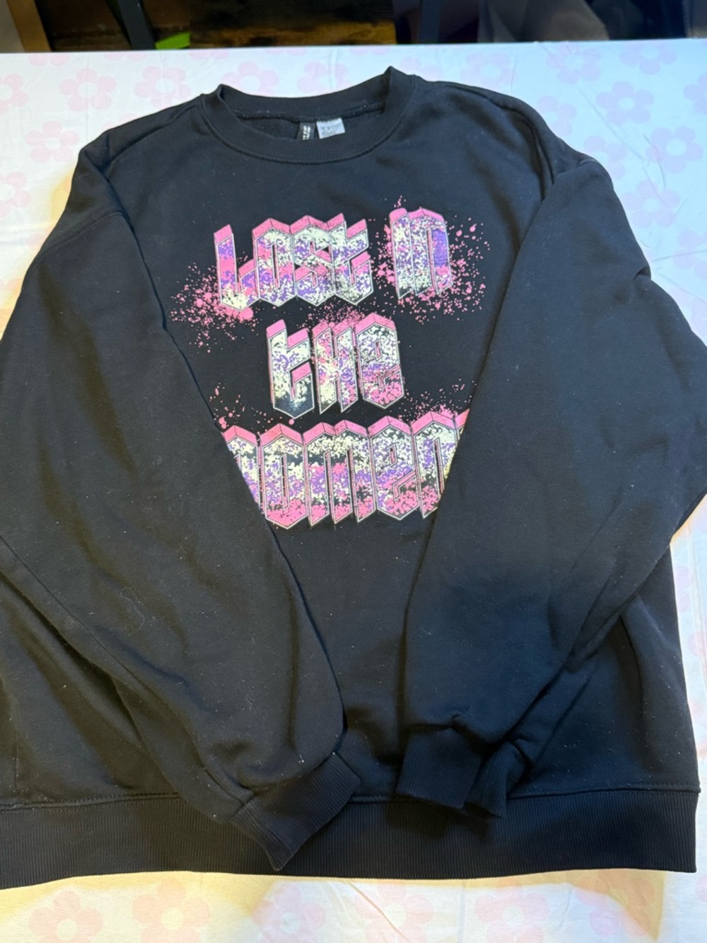 Black Graphic Crewneck Sweatshirt with Pink Text